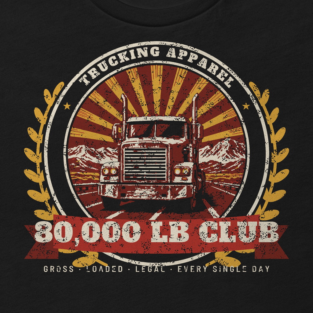 80,000 LB Club Trucker Tee in black, close-up of the front print. Design made with AI assistance.