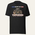 Black Heather Band of Truckers Tee, front view with three big rigs and Band of Truckers type with flag panels