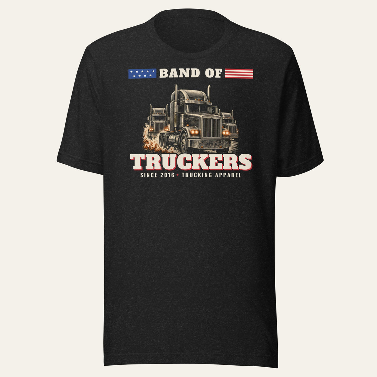 Black Heather Band of Truckers Tee, front view with three big rigs and Band of Truckers type with flag panels