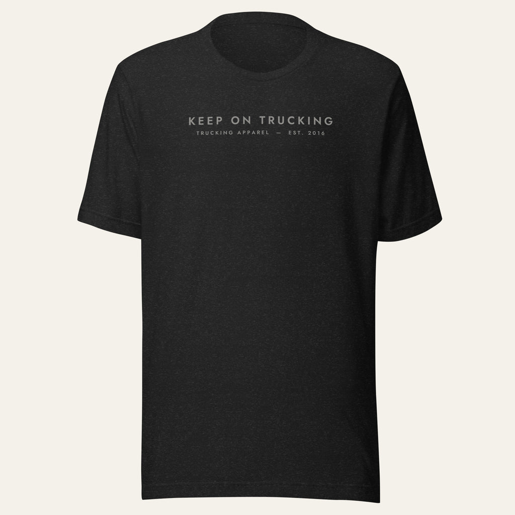 Black Heather Keep On Trucking Tee, front view with the grey Keep On Trucking wordmark across the chest
