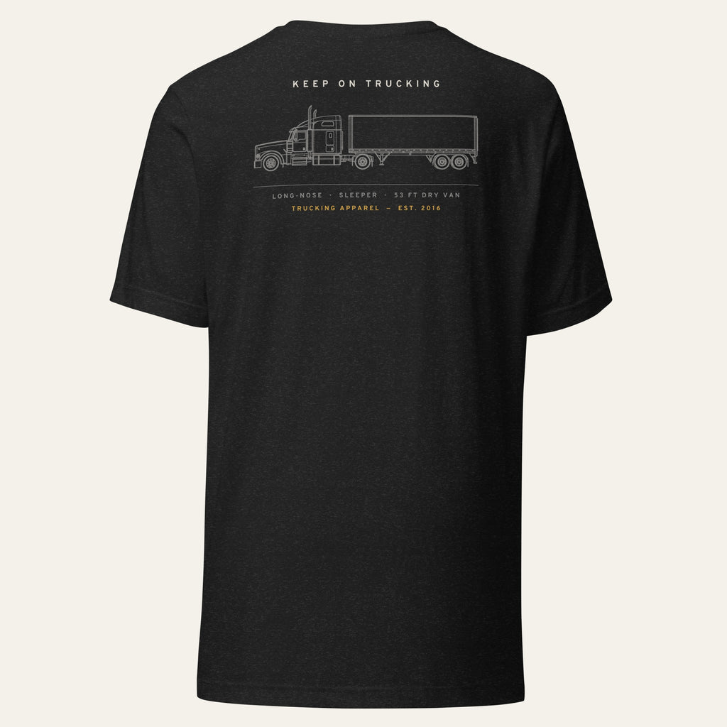 Black Heather Keep On Trucking Tee, back view with a line-art long-nose sleeper truck