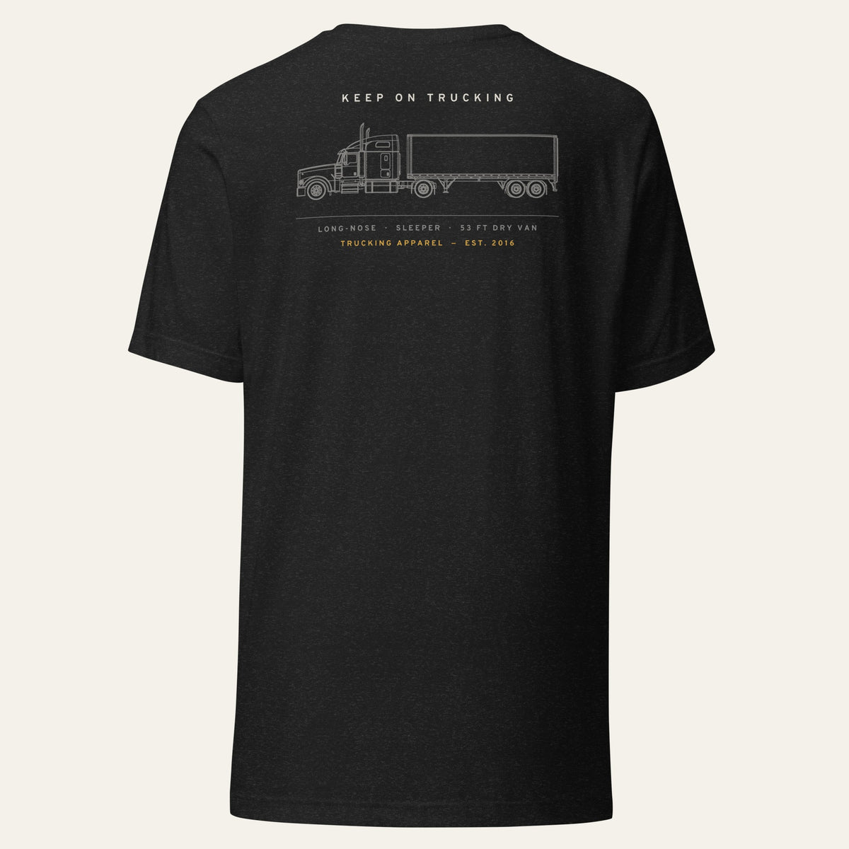 Black Heather Keep On Trucking Tee, back view with a line-art long-nose sleeper truck