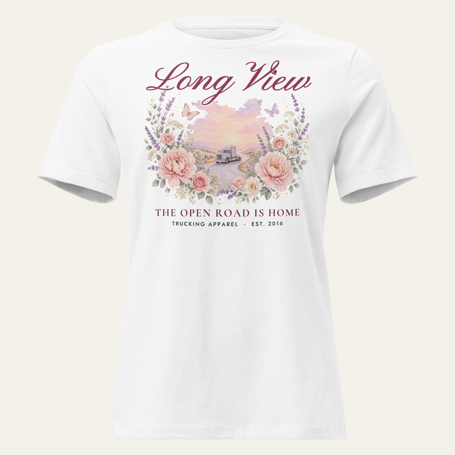 White Long View Women's Tee, front view with a watercolor floral wreath around a long-nose sleeper truck on a winding road