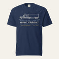 True Navy Night Freight Tee, front view with a fine-line long-nose sleeper truck on a starlit horizon