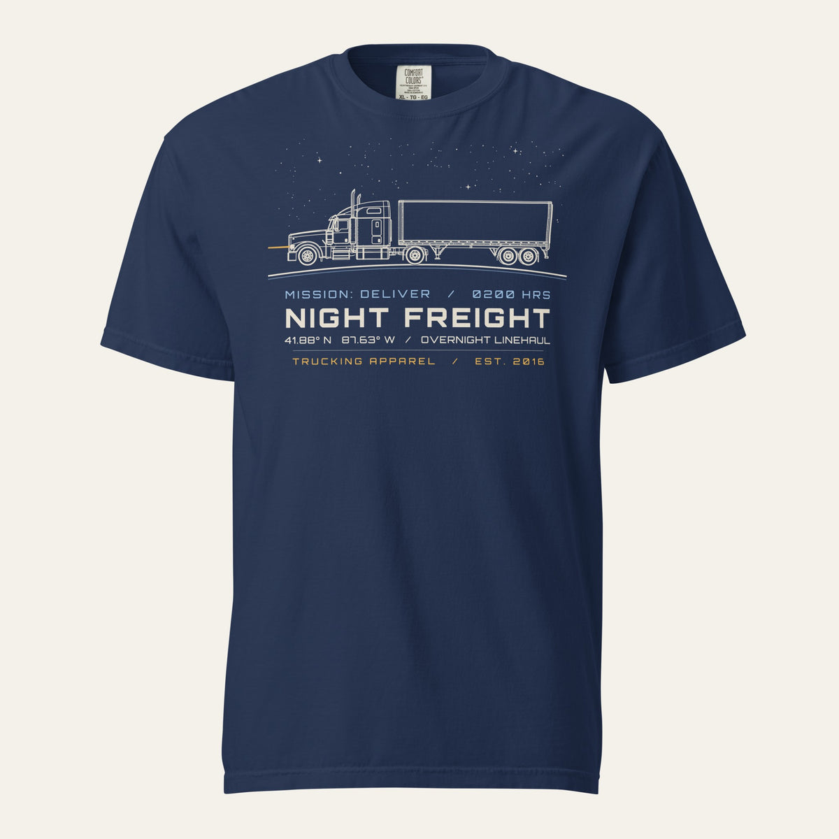 True Navy Night Freight Tee, front view with a fine-line long-nose sleeper truck on a starlit horizon