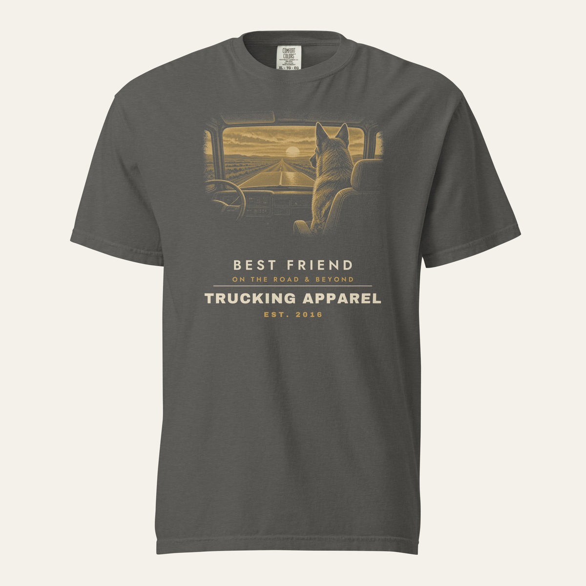 Pepper Best Friend Passenger Seat Tee, front view with a halftone German Shepherd in a truck passenger seat at golden hour