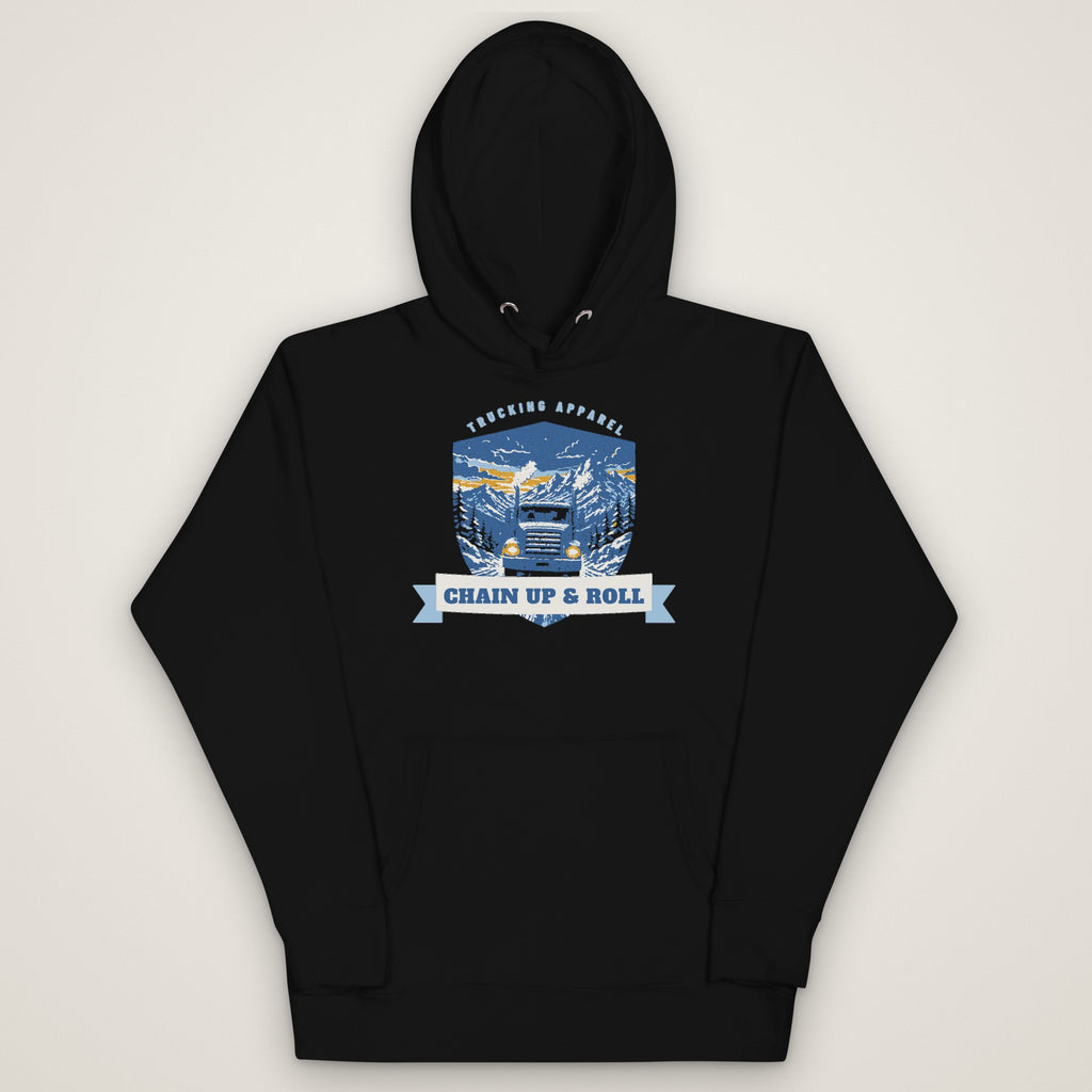 Chain Up & Roll Winter Trucker Hoodie in black, front view laid flat showing the CHAIN UP & ROLL print with a semi truck on a snowy mountain pass. Design made with AI assistance.