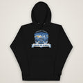 Chain Up & Roll Winter Trucker Hoodie in black, front view laid flat showing the CHAIN UP & ROLL print with a semi truck on a snowy mountain pass. Design made with AI assistance.