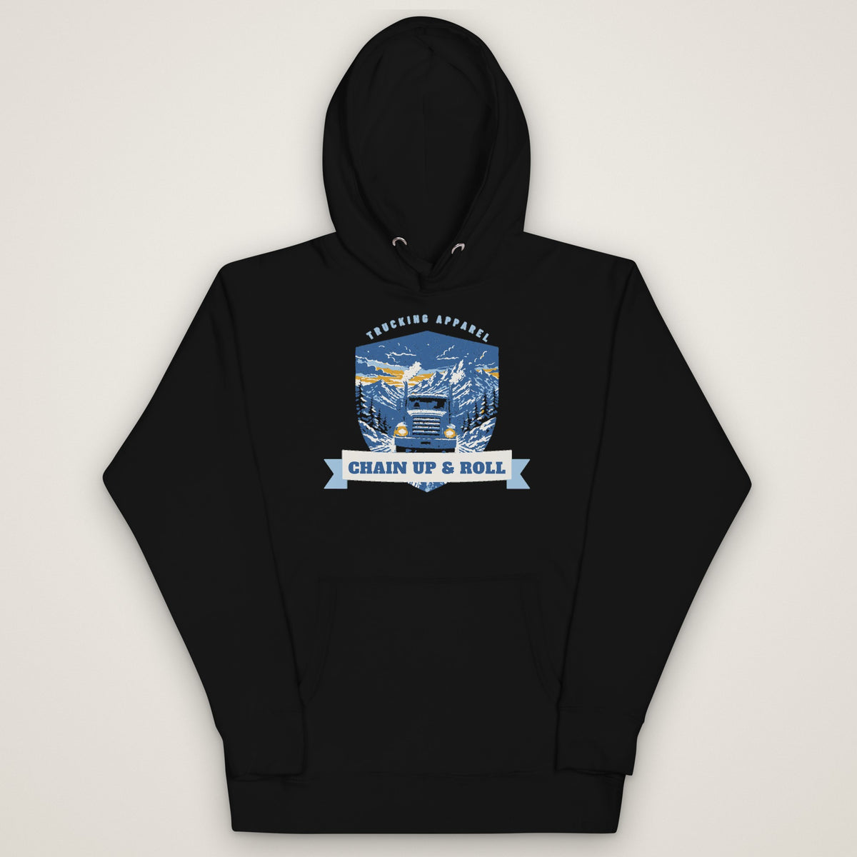 Chain Up & Roll Winter Trucker Hoodie in black, front view laid flat showing the CHAIN UP & ROLL print with a semi truck on a snowy mountain pass. Design made with AI assistance.