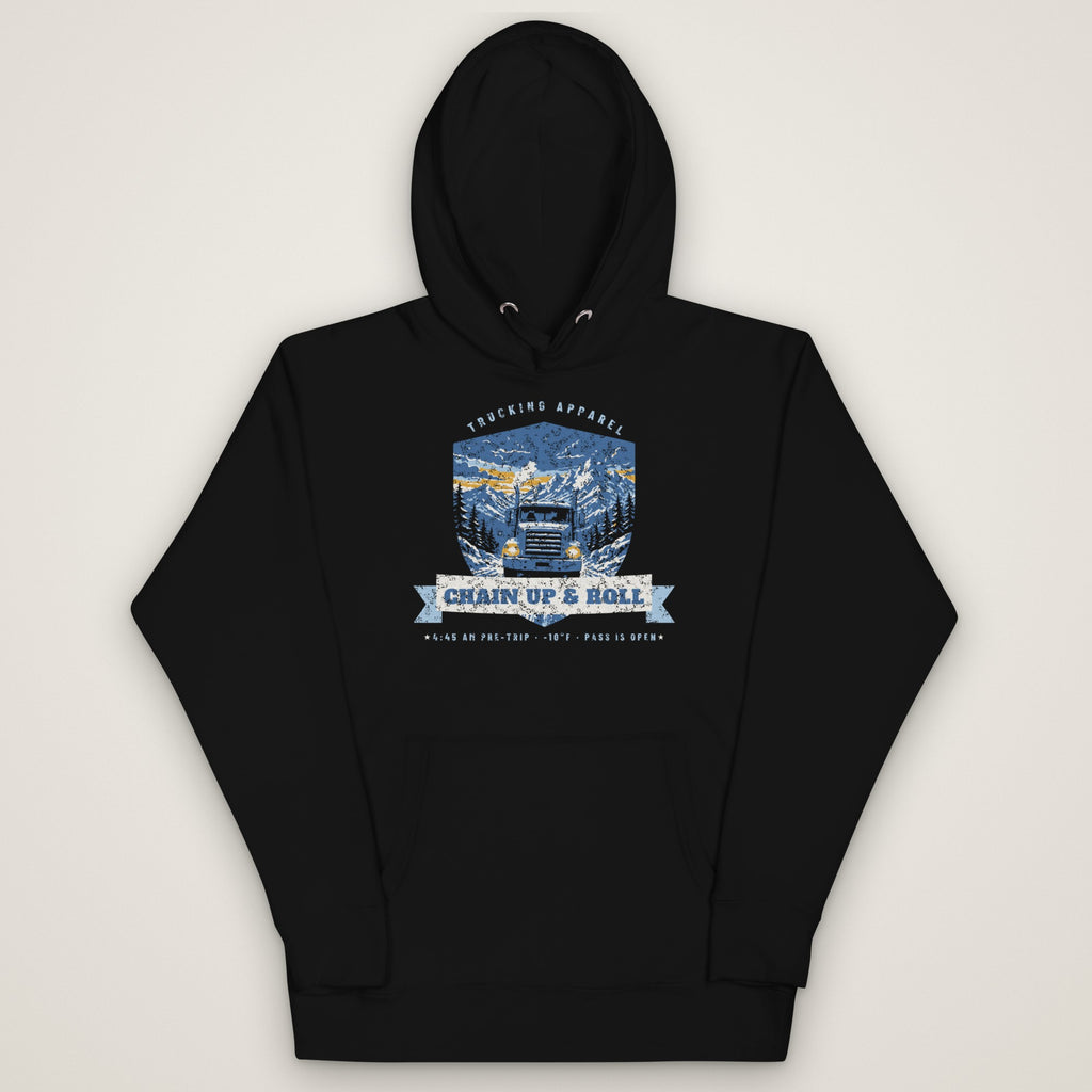 Chain Up & Roll Winter Trucker Hoodie in black, front view laid flat showing the full front print. Design made with AI assistance.