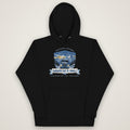 Chain Up & Roll Winter Trucker Hoodie in black, front view laid flat showing the full front print. Design made with AI assistance.