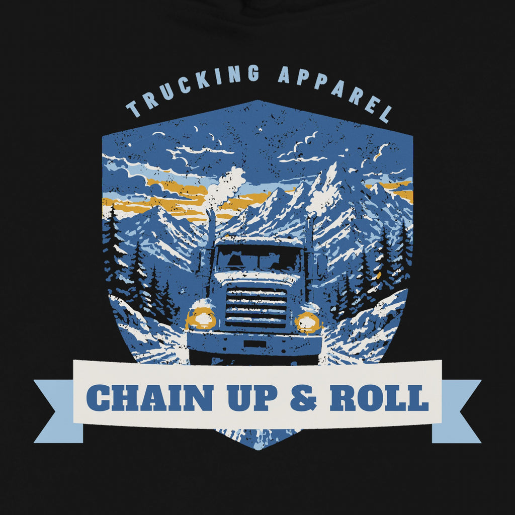 Chain Up & Roll Winter Trucker Hoodie in black, close-up of the front print: CHAIN UP & ROLL print with a semi truck on a snowy mountain pass. Design made with AI assistance.