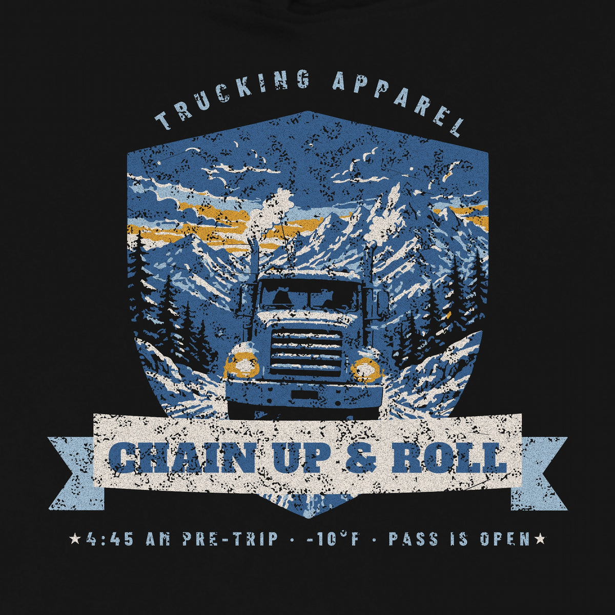 Chain Up & Roll Winter Trucker Hoodie in black, close-up of the front print. Design made with AI assistance.