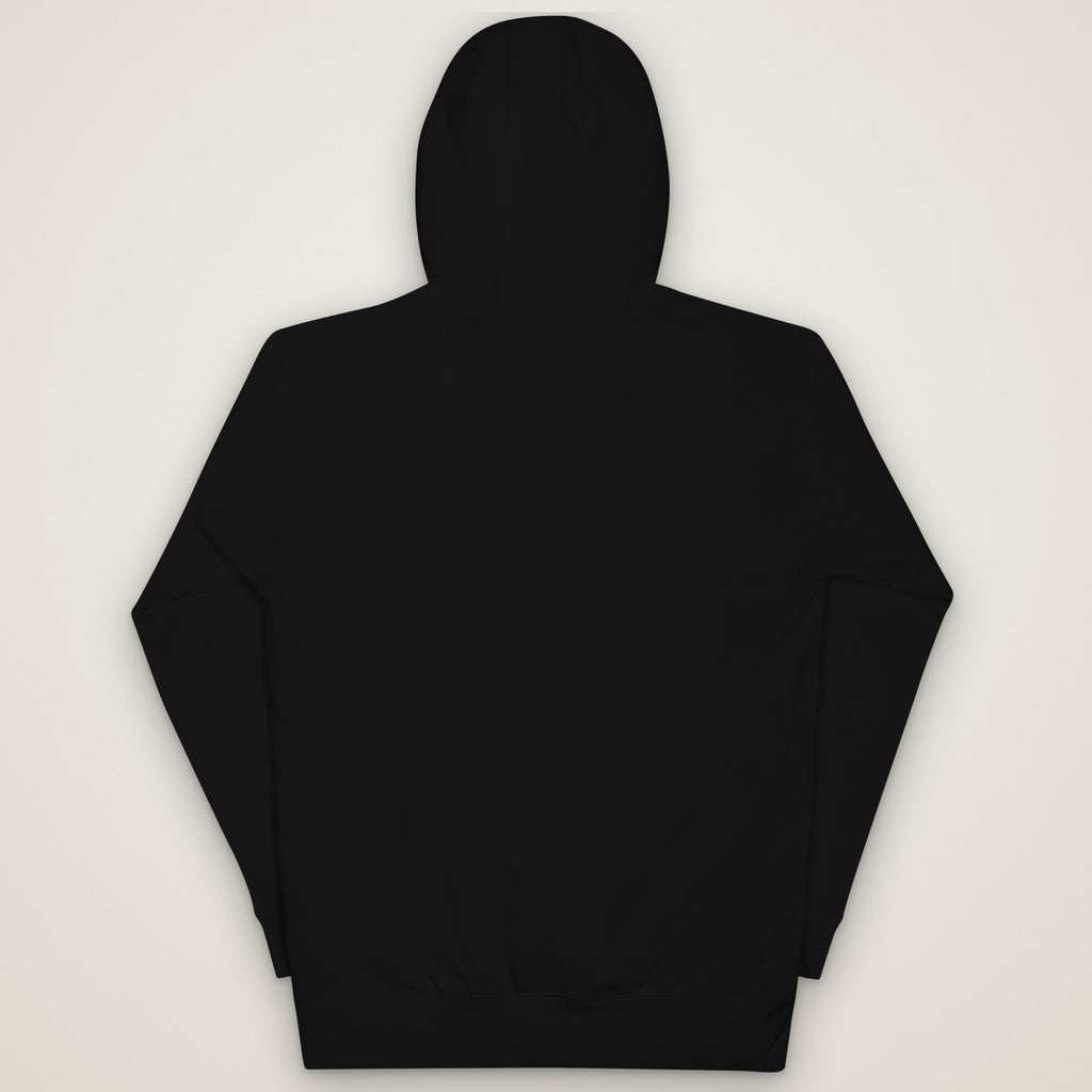 Chain Up & Roll Winter Trucker Hoodie in black, plain back, laid flat. Design made with AI assistance.