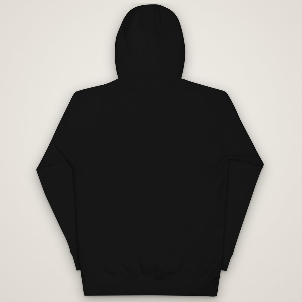 Chain Up & Roll Winter Trucker Hoodie in black, plain back, laid flat. Design made with AI assistance.