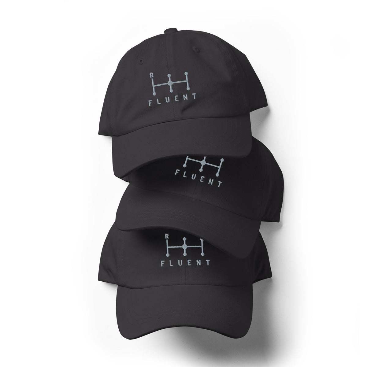Fluent Dad Cap in dark grey, three caps stacked.