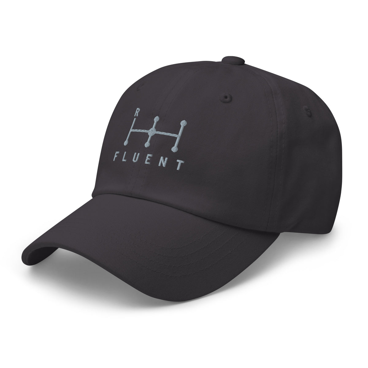 Fluent Dad Cap in dark grey, left front angle.