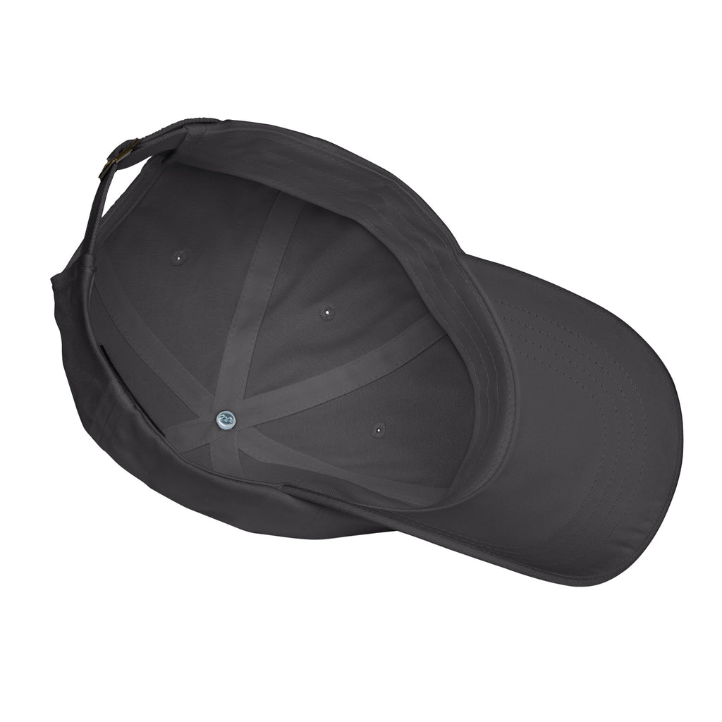 Fluent Dad Cap in dark grey, underside view showing the inside of the crown.