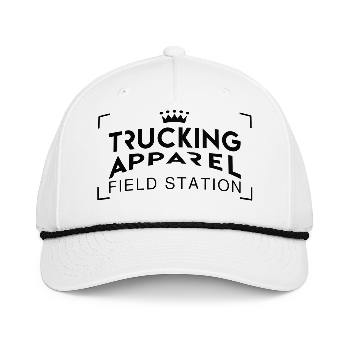Field Station Rope Cap in White / Black, front supplier mockup with black rope and printed Trucking Apparel crown graphic