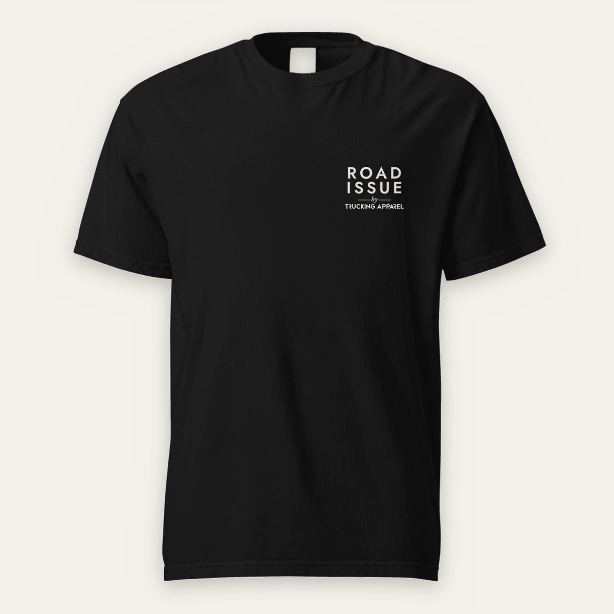 ROAD ISSUE Dispatch Standard Heavyweight Tee in Black — front view with the ROAD ISSUE by Trucking Apparel left-chest print