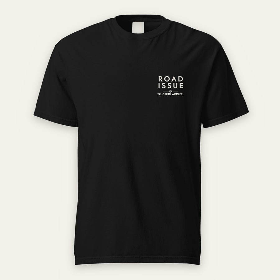 ROAD ISSUE Dispatch Standard Heavyweight Tee in Black — front view with the ROAD ISSUE by Trucking Apparel left-chest print