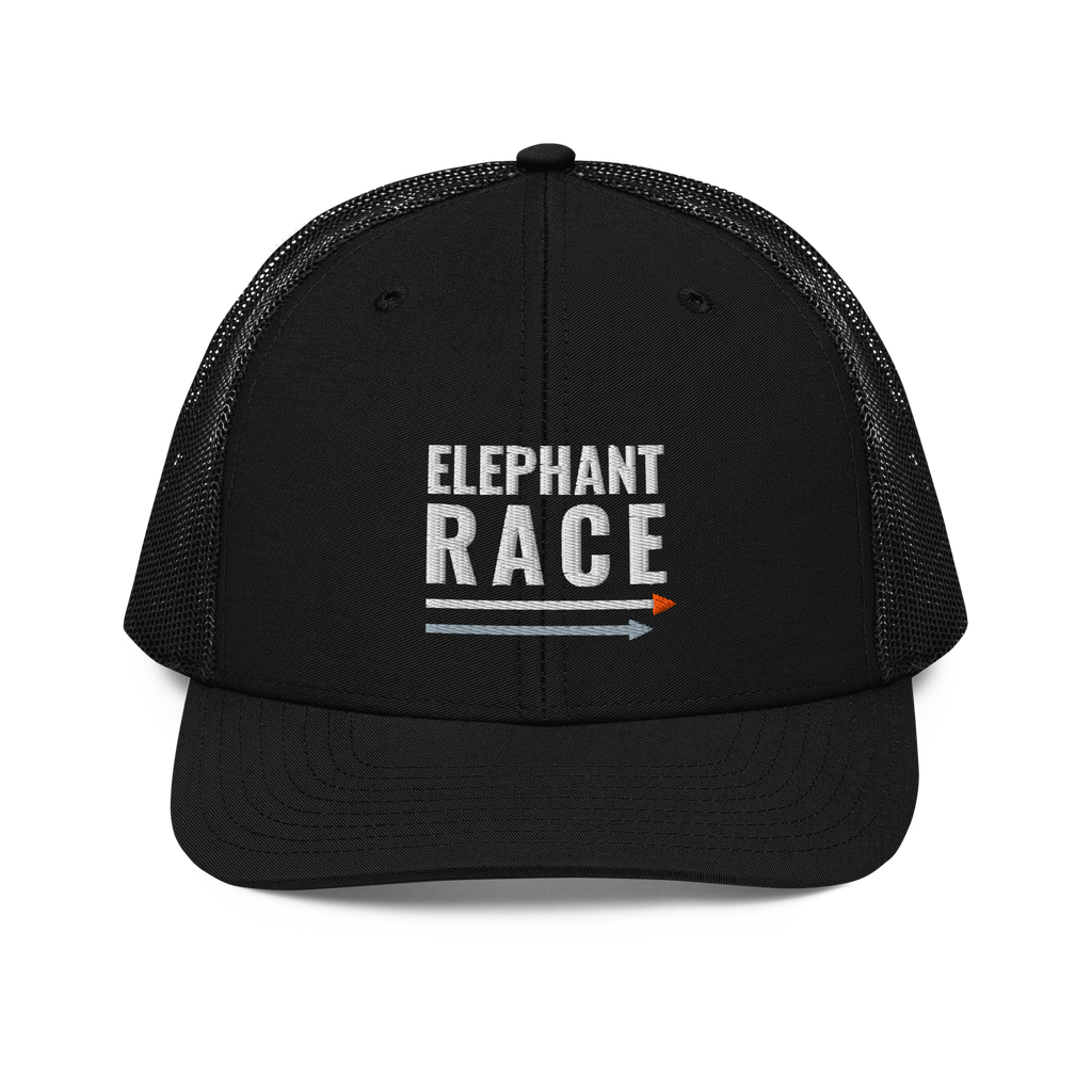 Elephant Race Trucker Hat, black Richardson 112 mesh-back cap with ELEPHANT RACE in white embroidery with a grey and orange arrow, front view
