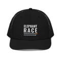 Elephant Race Trucker Hat, black Richardson 112 mesh-back cap with ELEPHANT RACE in white embroidery with a grey and orange arrow, front view