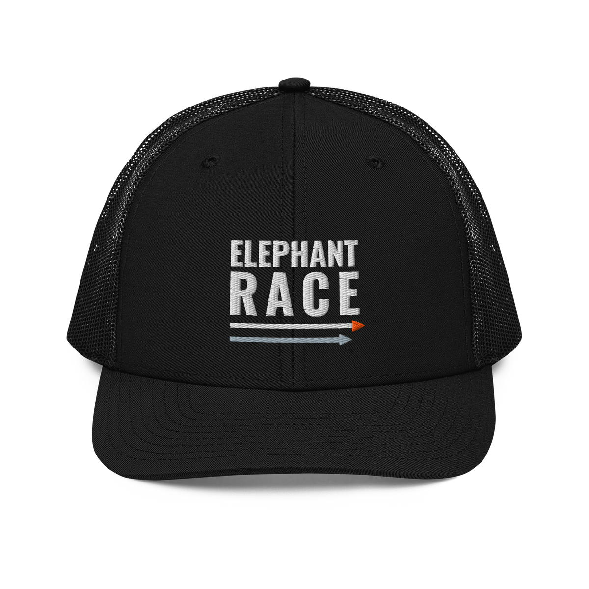 Elephant Race Trucker Hat, black Richardson 112 mesh-back cap with ELEPHANT RACE in white embroidery with a grey and orange arrow, front view