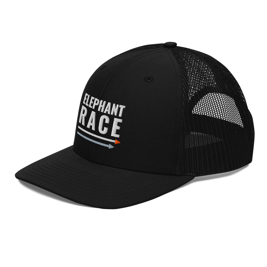 Elephant Race Trucker Hat, black Richardson 112 mesh-back cap with ELEPHANT RACE in white embroidery with a grey and orange arrow, left front angle