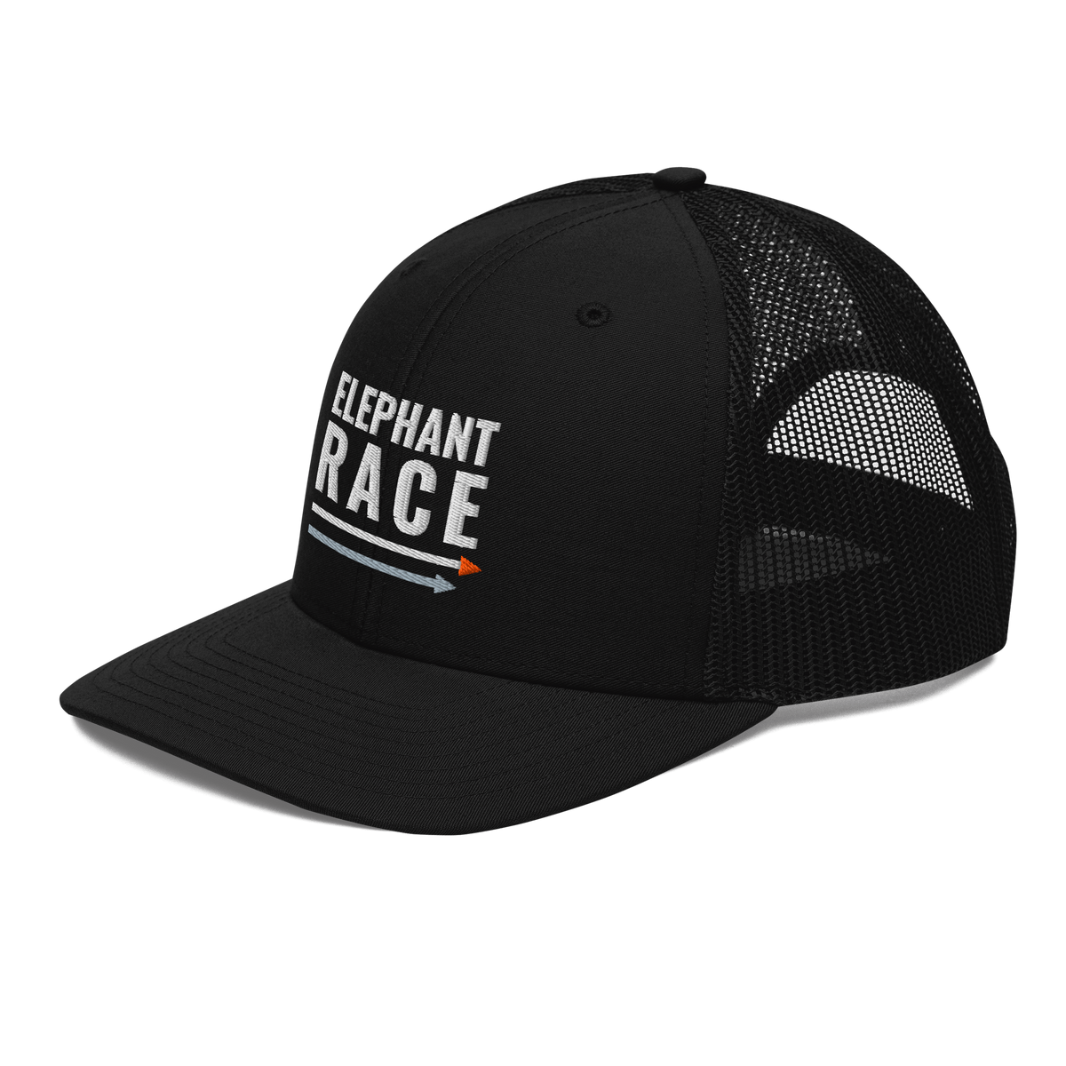 Elephant Race Trucker Hat, black Richardson 112 mesh-back cap with ELEPHANT RACE in white embroidery with a grey and orange arrow, left front angle
