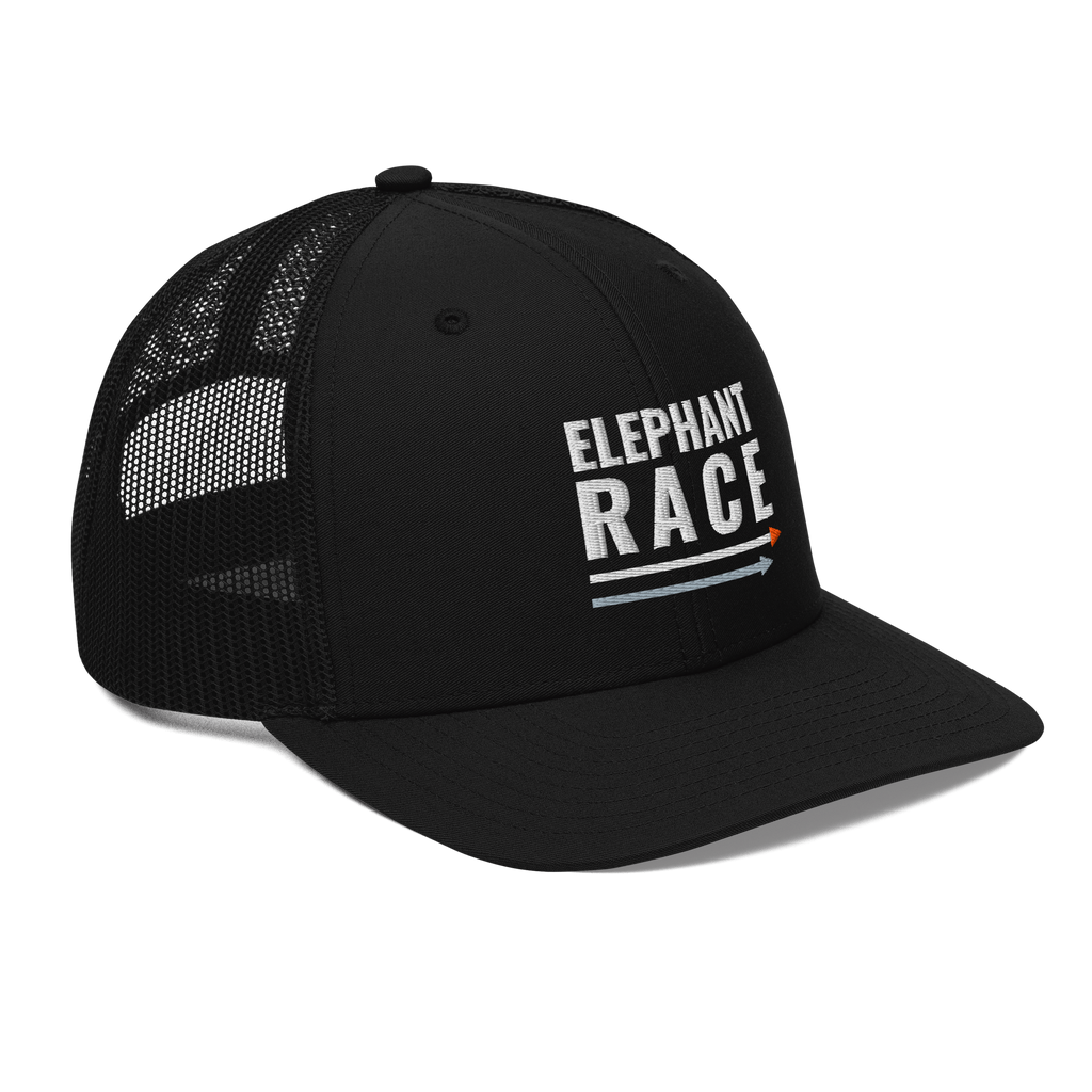 Elephant Race Trucker Hat, black Richardson 112 mesh-back cap with ELEPHANT RACE in white embroidery with a grey and orange arrow, right front angle
