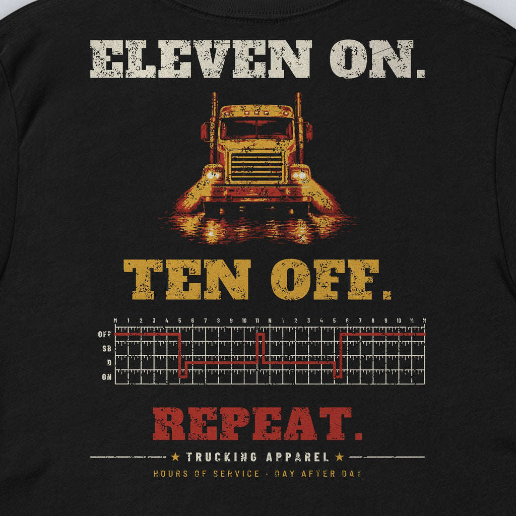 Eleven On. Ten Off. Repeat. Trucker Tee in black, close-up of the back print. Design made with AI assistance.