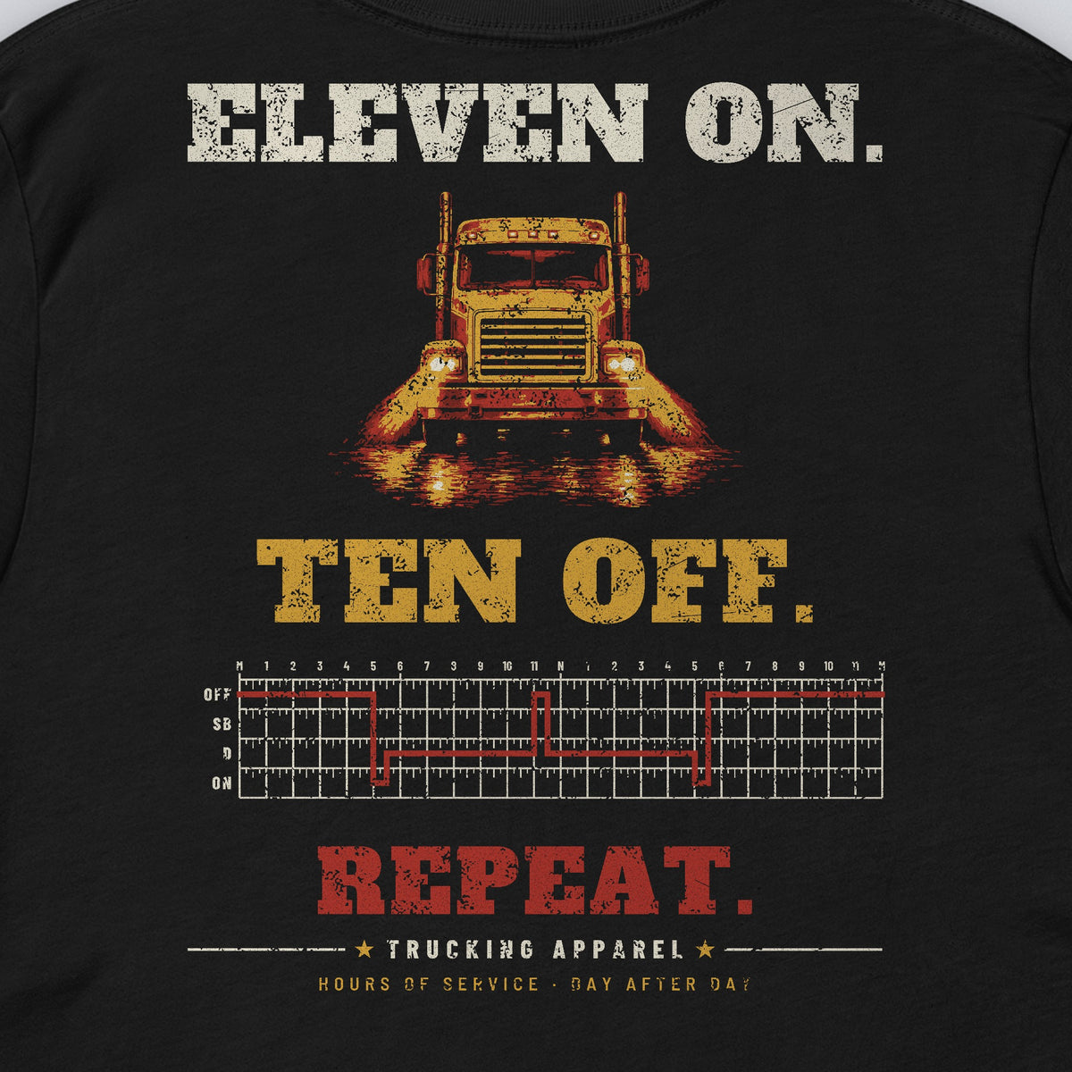 Eleven On. Ten Off. Repeat. Trucker Tee in black, close-up of the back print. Design made with AI assistance.