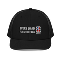 Every Load Flies the Flag Trucker Hat, black Richardson 112 mesh-back cap with EVERY LOAD FLIES THE FLAG in white embroidery beside a small red, white and blue trailer-door flag, front view