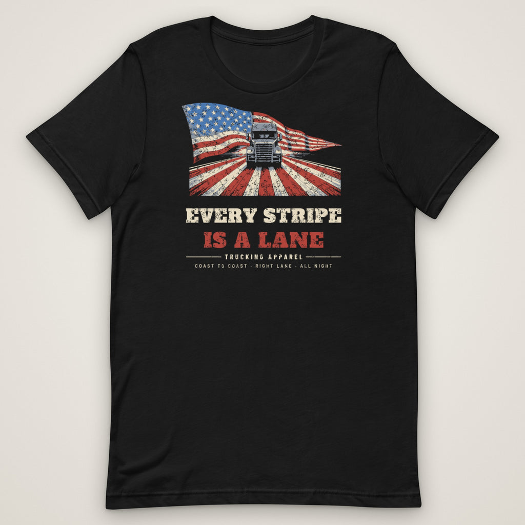 Every Stripe Is a Lane Trucker Flag Tee in black, front view laid flat showing the full front print. Design made with AI assistance.