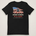Every Stripe Is a Lane Trucker Flag Tee in black, front view laid flat showing the full front print. Design made with AI assistance.