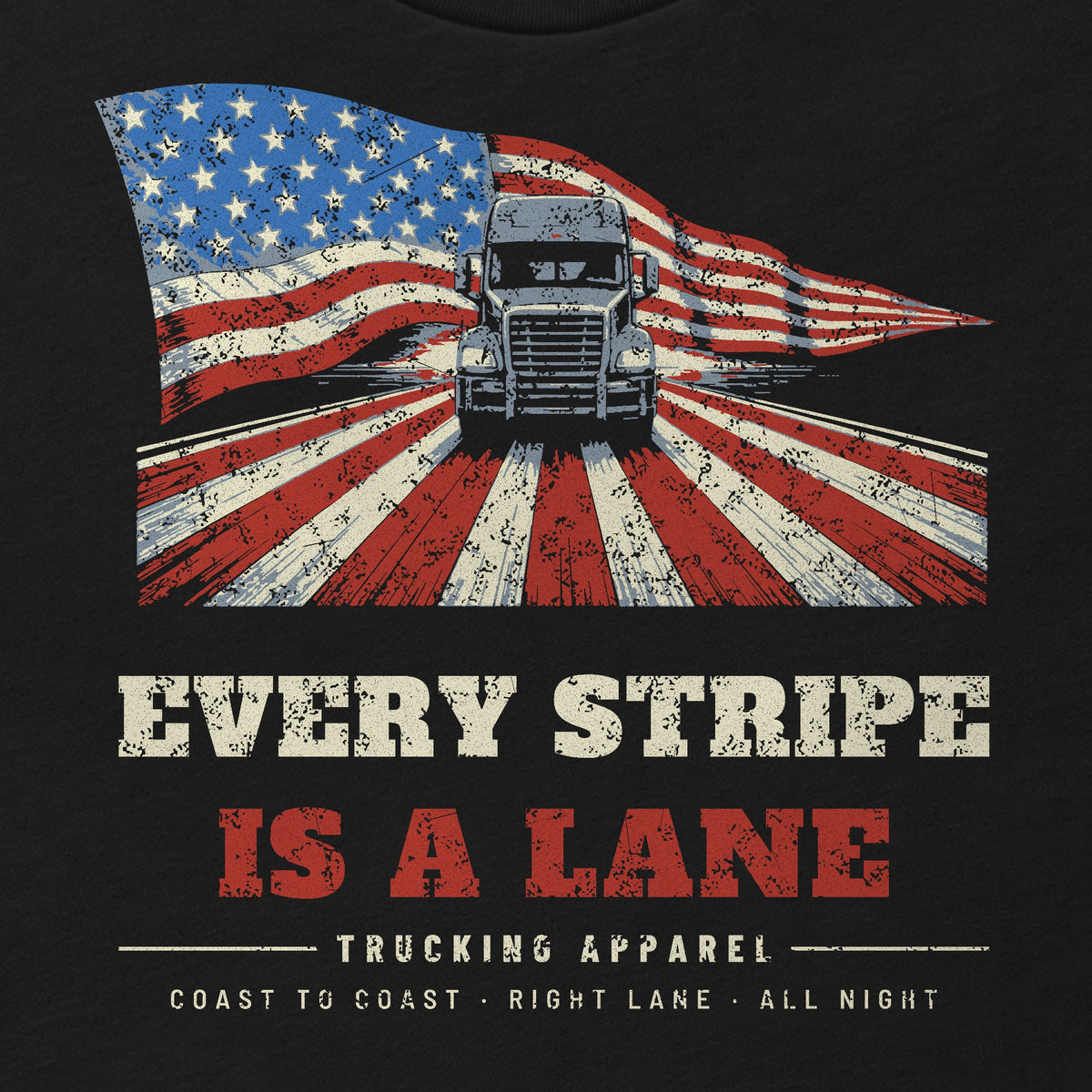 Every Stripe Is a Lane Trucker Flag Tee in black, close-up of the front print. Design made with AI assistance.