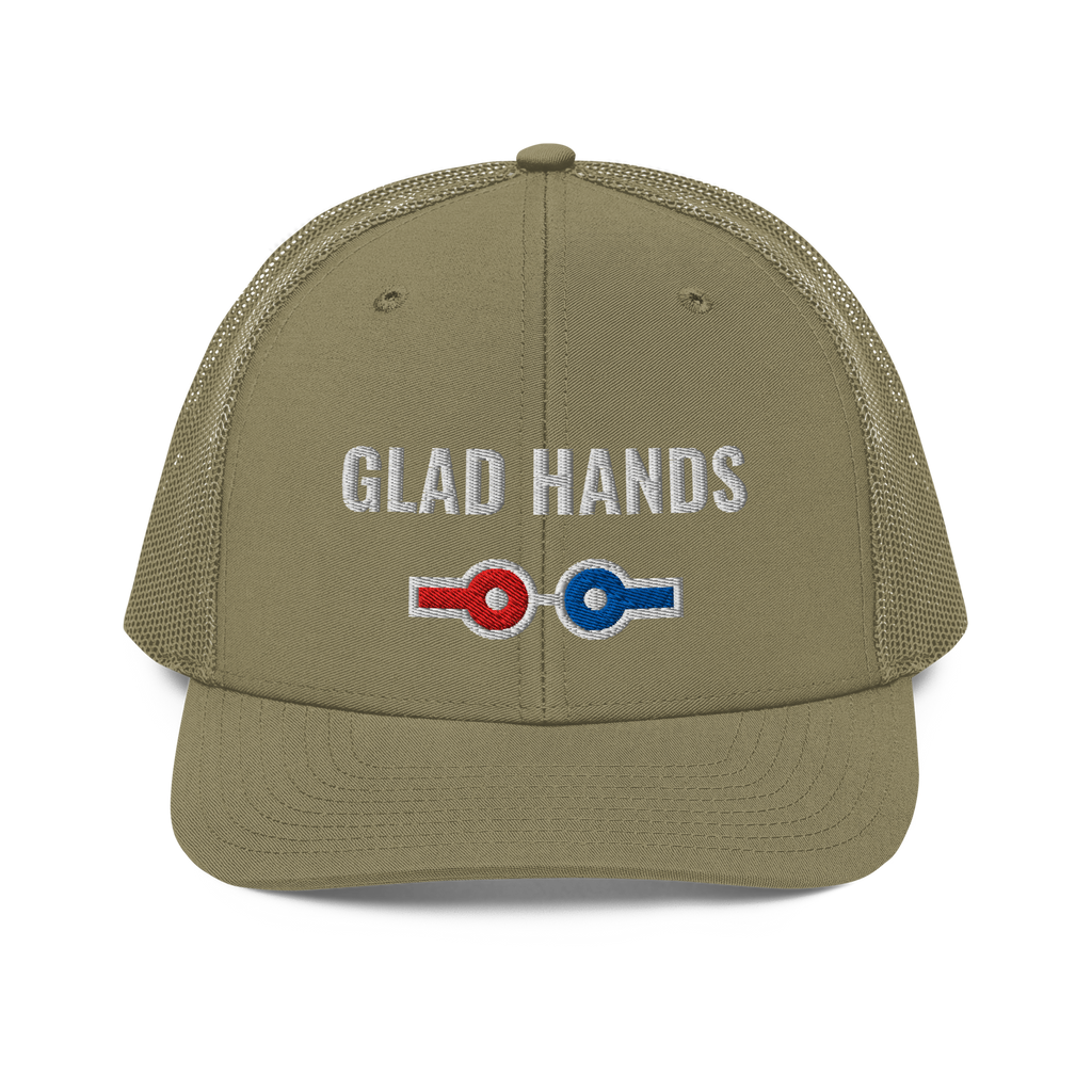 Glad Hands Trucker Hat, loden green Richardson 112 mesh-back cap with GLAD HANDS in white embroidery over red and blue air line couplers, front view
