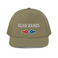 Glad Hands Trucker Hat, loden green Richardson 112 mesh-back cap with GLAD HANDS in white embroidery over red and blue air line couplers, front view