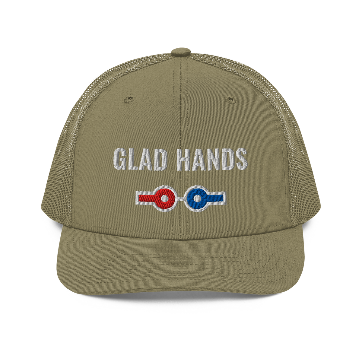 Glad Hands Trucker Hat, loden green Richardson 112 mesh-back cap with GLAD HANDS in white embroidery over red and blue air line couplers, front view