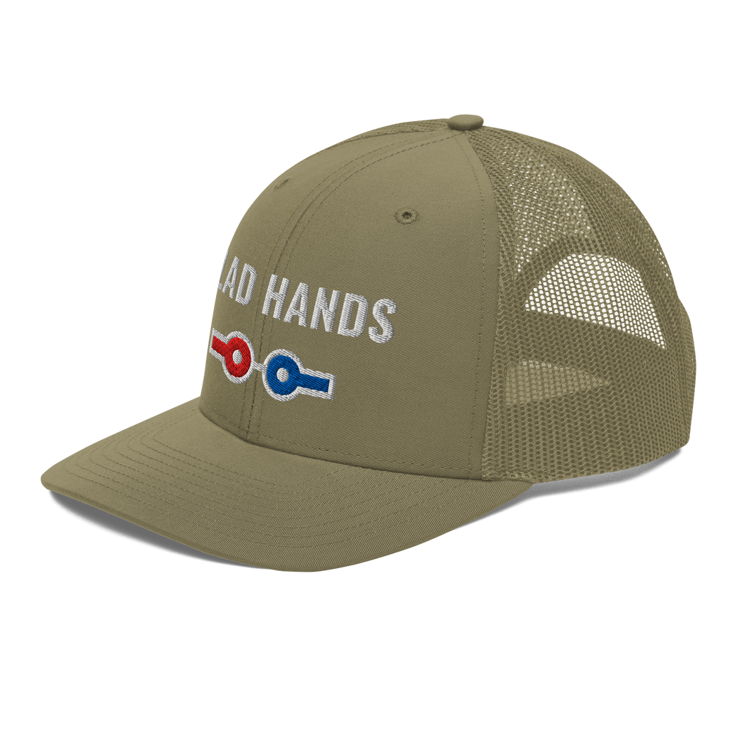 Glad Hands Trucker Hat, loden green Richardson 112 mesh-back cap with GLAD HANDS in white embroidery over red and blue air line couplers, left front angle