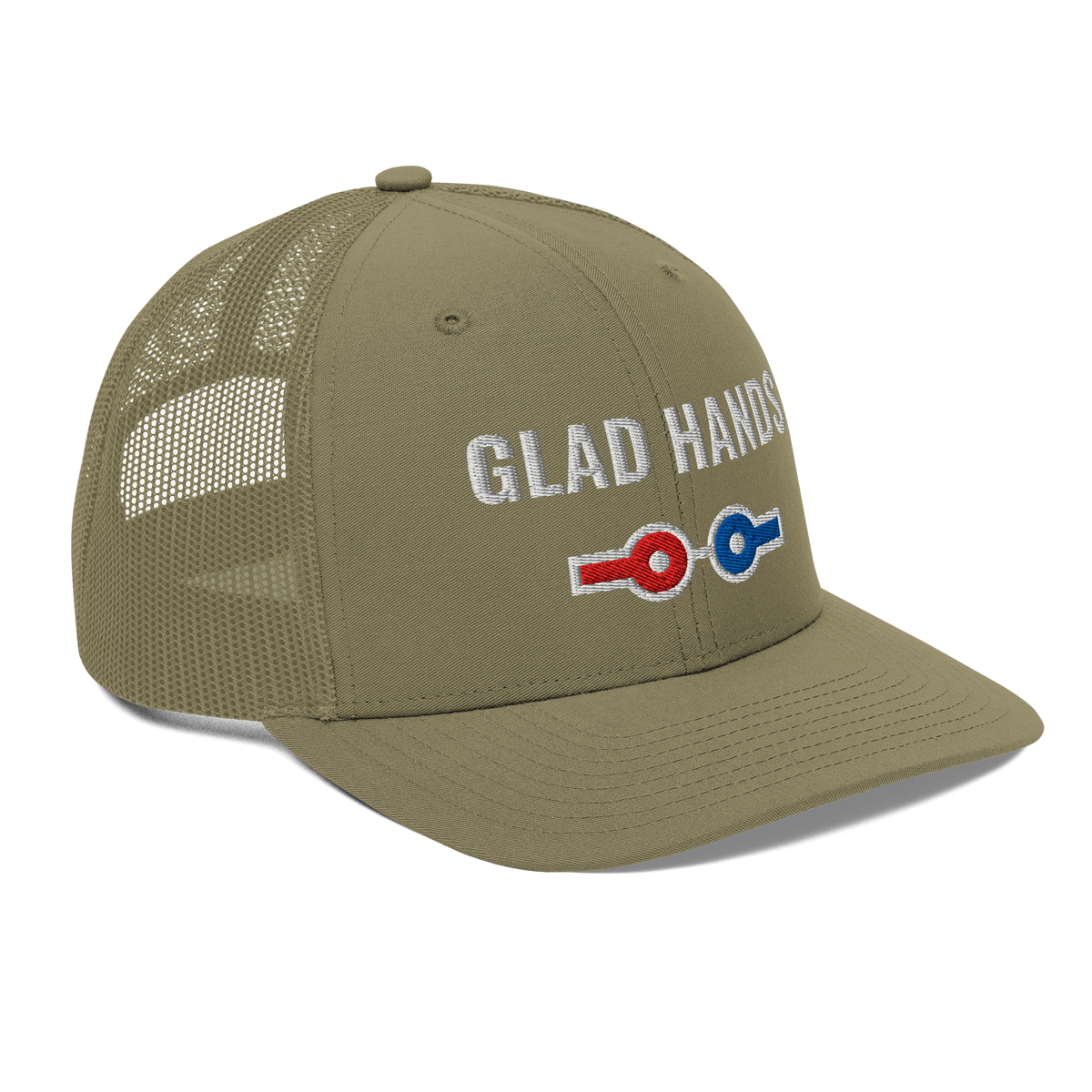 Glad Hands Trucker Hat, loden green Richardson 112 mesh-back cap with GLAD HANDS in white embroidery over red and blue air line couplers, right front angle