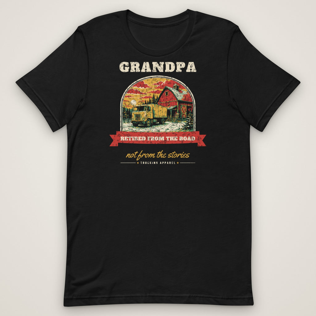 Grandpa Retired From the Road Trucker Tee in black, front view laid flat showing the full front print. Design made with AI assistance.