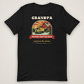 Grandpa Retired From the Road Trucker Tee in black, front view laid flat showing the full front print. Design made with AI assistance.