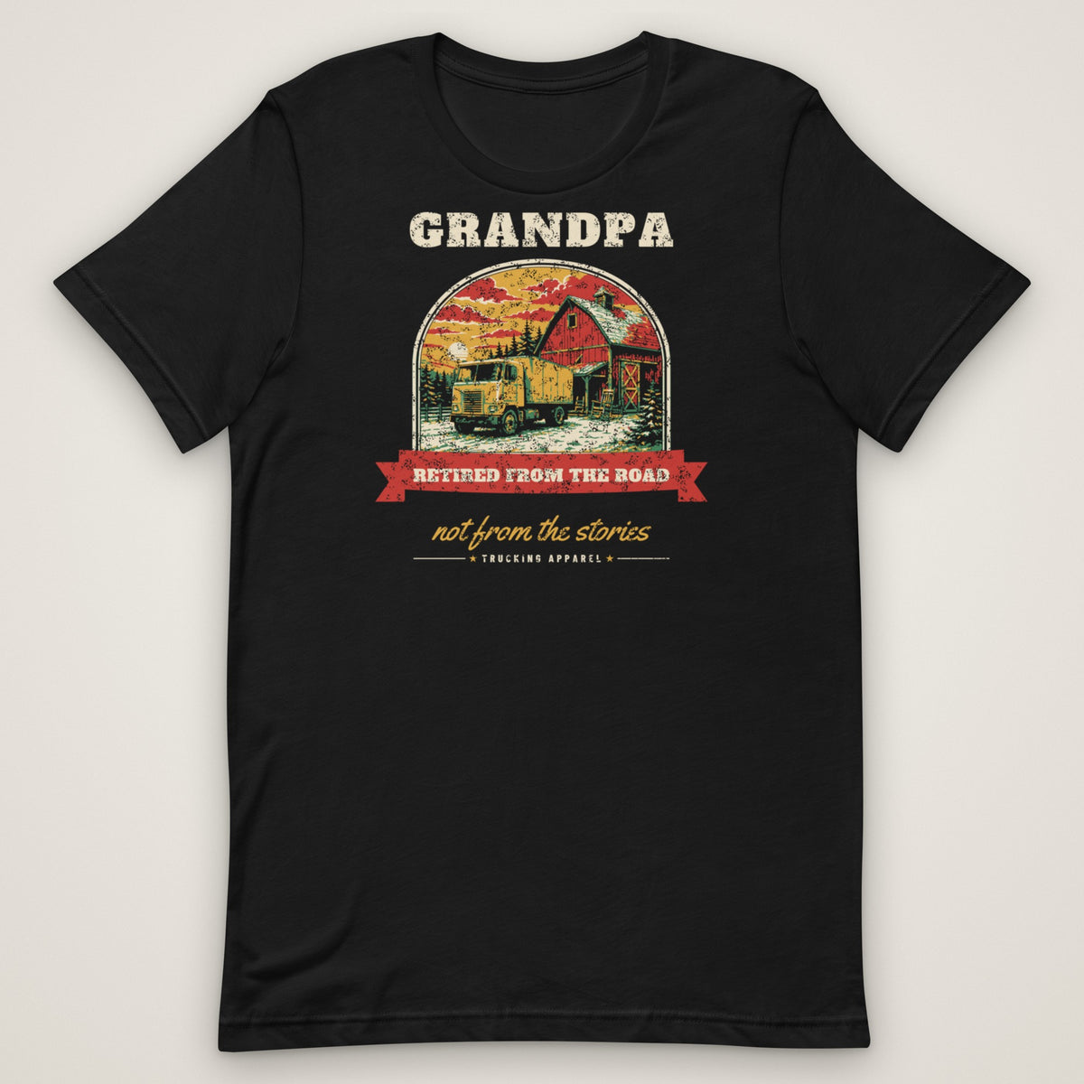 Grandpa Retired From the Road Trucker Tee in black, front view laid flat showing the full front print. Design made with AI assistance.