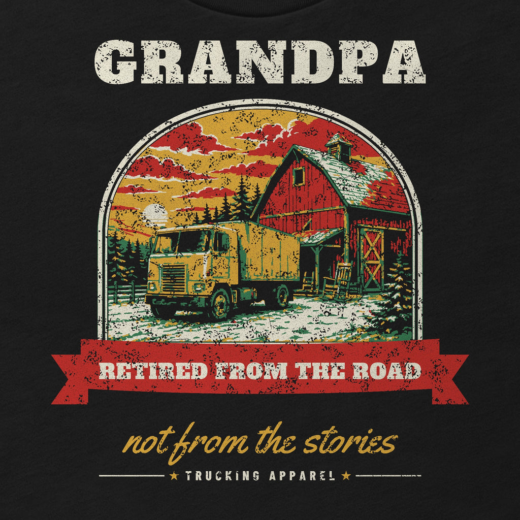 Grandpa Retired From the Road Trucker Tee in black, close-up of the front print. Design made with AI assistance.