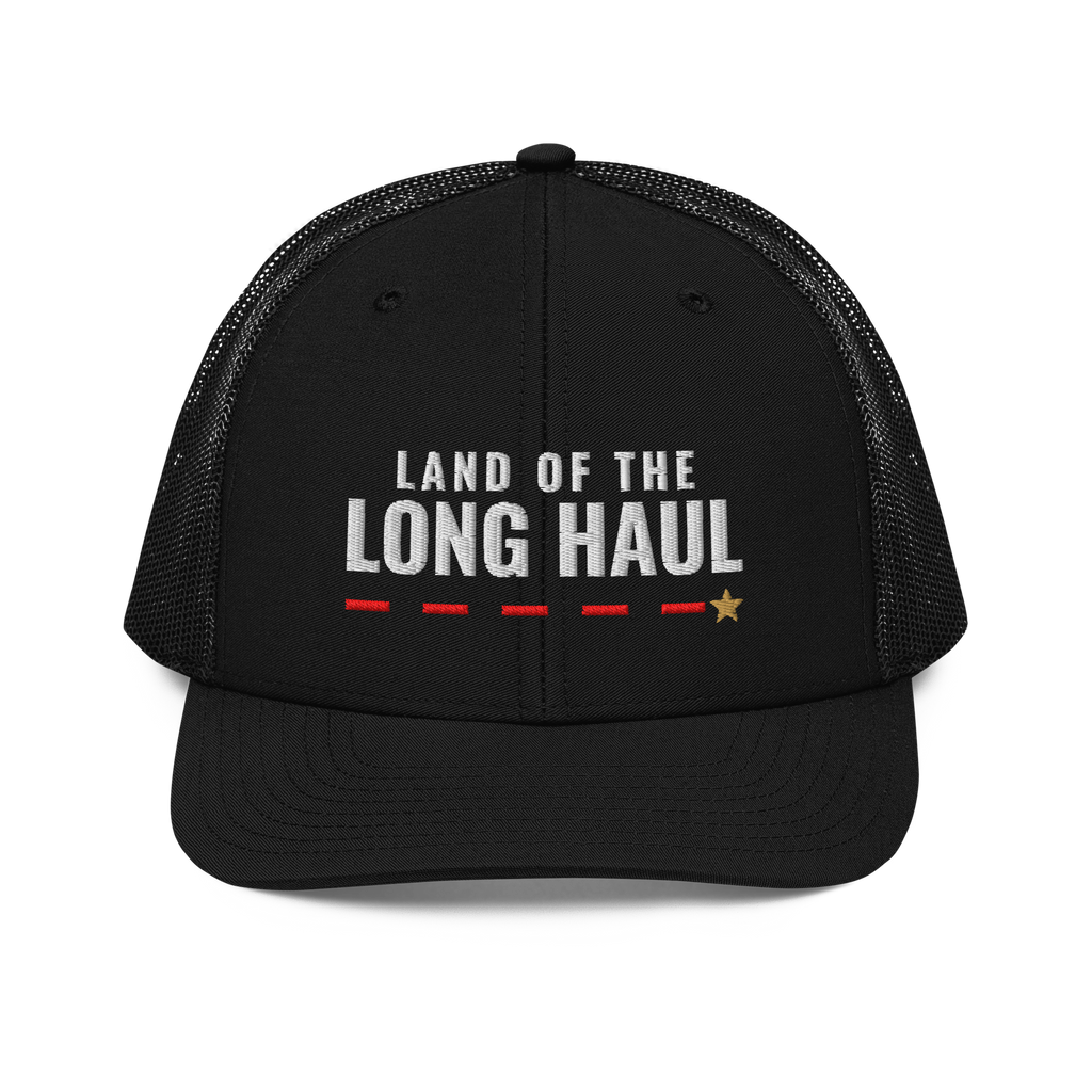 Land of the Long Haul Trucker Hat, black Richardson 112 mesh-back cap with LAND OF THE LONG HAUL in white embroidery over a red dashed line and gold star, front view