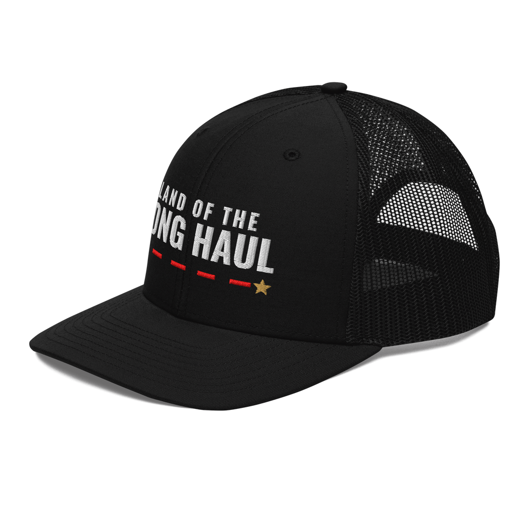 Land of the Long Haul Trucker Hat, black Richardson 112 mesh-back cap with LAND OF THE LONG HAUL in white embroidery over a red dashed line and gold star, left front angle