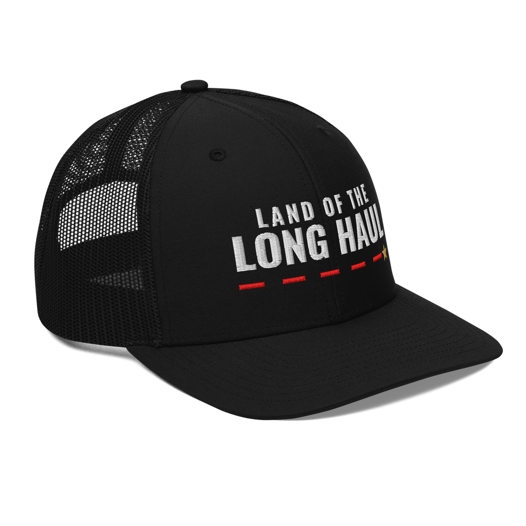 Land of the Long Haul Trucker Hat, black Richardson 112 mesh-back cap with LAND OF THE LONG HAUL in white embroidery over a red dashed line and gold star, right front angle