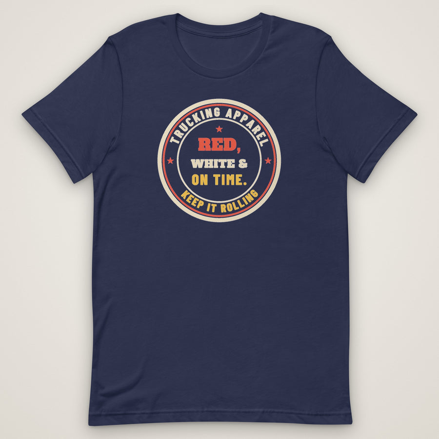 Red, White & On Time Tee in navy, front view laid flat showing the large round RED, WHITE & ON TIME seal centred on the chest, ringed by TRUCKING APPAREL and KEEP IT ROLLING.